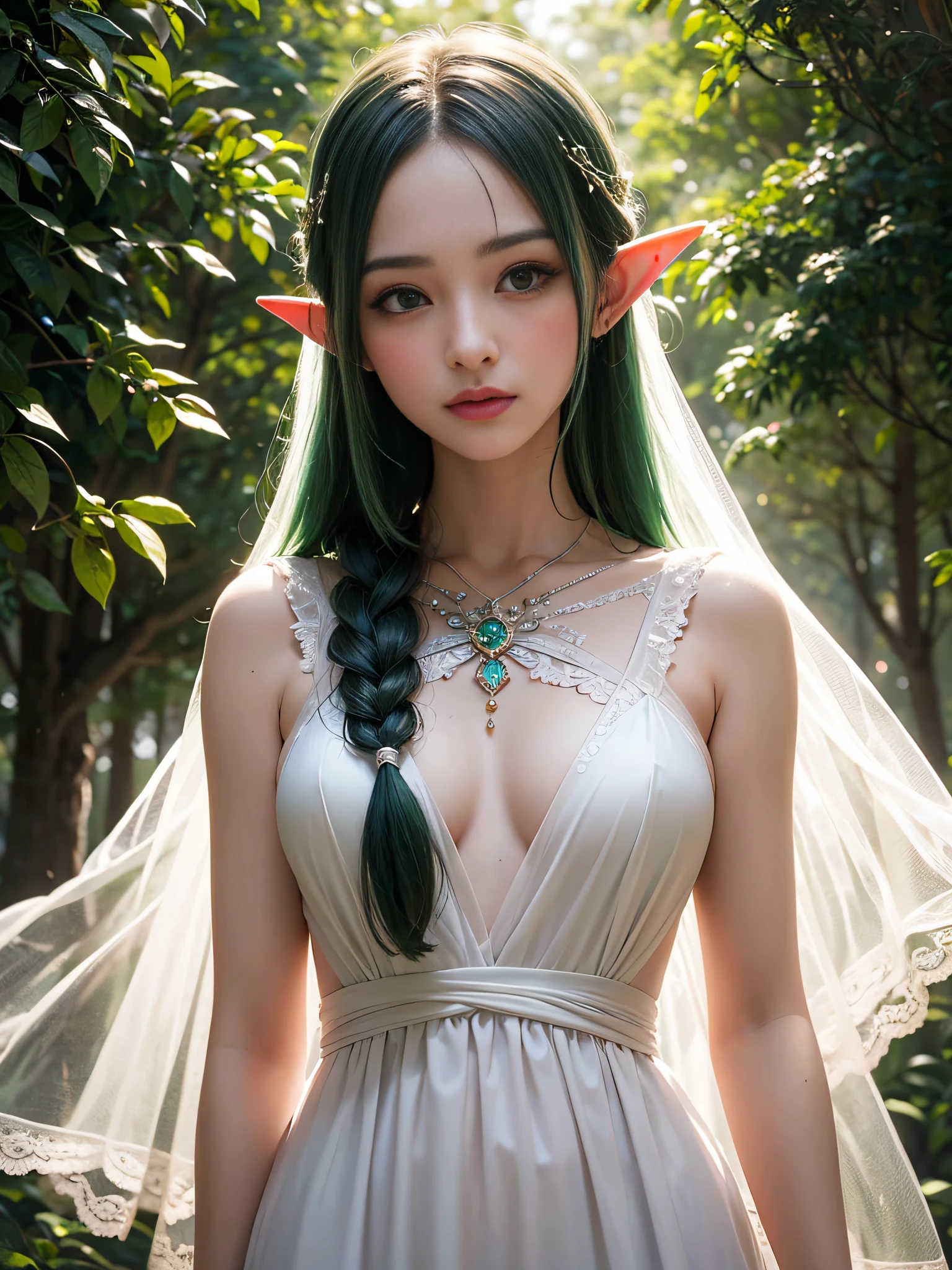 Graceful elven girl standing in meadow, Delicate face illuminated by the soft light of the setting sun. Her long, Flowing hair runs down your back, Decorated with intricate braids、Adorned with sparkling gemstones. This great photo is、、、It captures the ethereal beauty of elves. Slender figure in silk dress、Swaying in the soft steppe breeze. Attention to detail、Face that is、Face that is、Face that is、Face that is、It is evident in the intricate patterns of the dress and the subtle highlights of the luminescence. skin. The breathtaking portrayal of the elven girl is、、、、、Create an enchanting atmosphere、It invites the viewer to a magical world. emerald green hair color and eye,