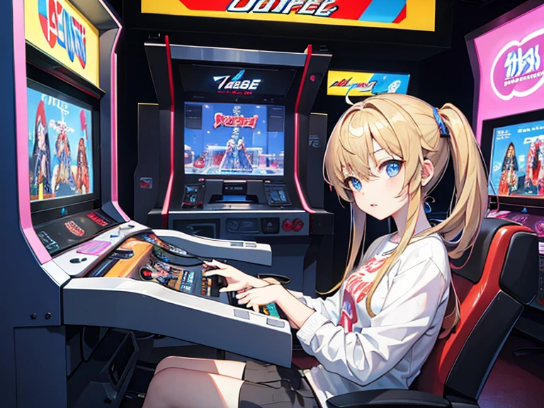 (Masterpiece), Best Quality, Expressive Eyes, Perfect Face, Girl playing at a video game arcade, arcade cabinet, arcade (architecture), arcade,