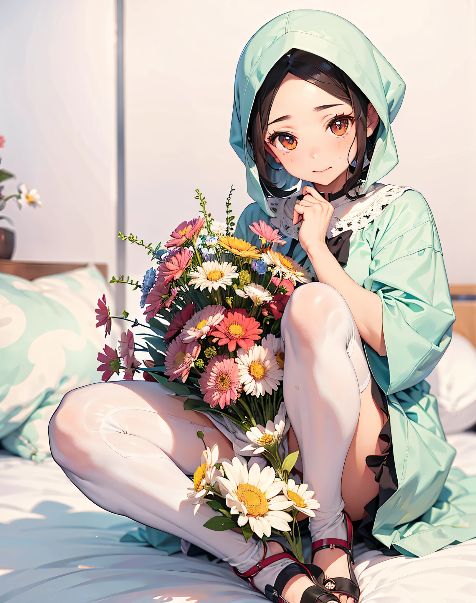 there is a woman sitting on a bed holding a bouquet of flowers, with flowers, inspired by Nazmi Ziya Güran, faridah malik, inspired by Naza, with kind face, flowers in background, inspired by Shaddy Safadi, inspired by Fathi Hassan, holding flowers, inspired by Ni Yuanlu, hijab, inspired by Mym Tuma, (wearing gamis), (hijab), medium breast
