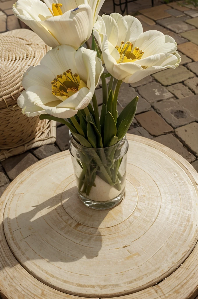 tulipanes, ramo de tulipanes, tulipanes color amarillo, fondo blanco, alta calidad, muy detallado, detallado, imagen de ultra calidad, tulipanes en una jarra, jarra blanca, mesa de madera