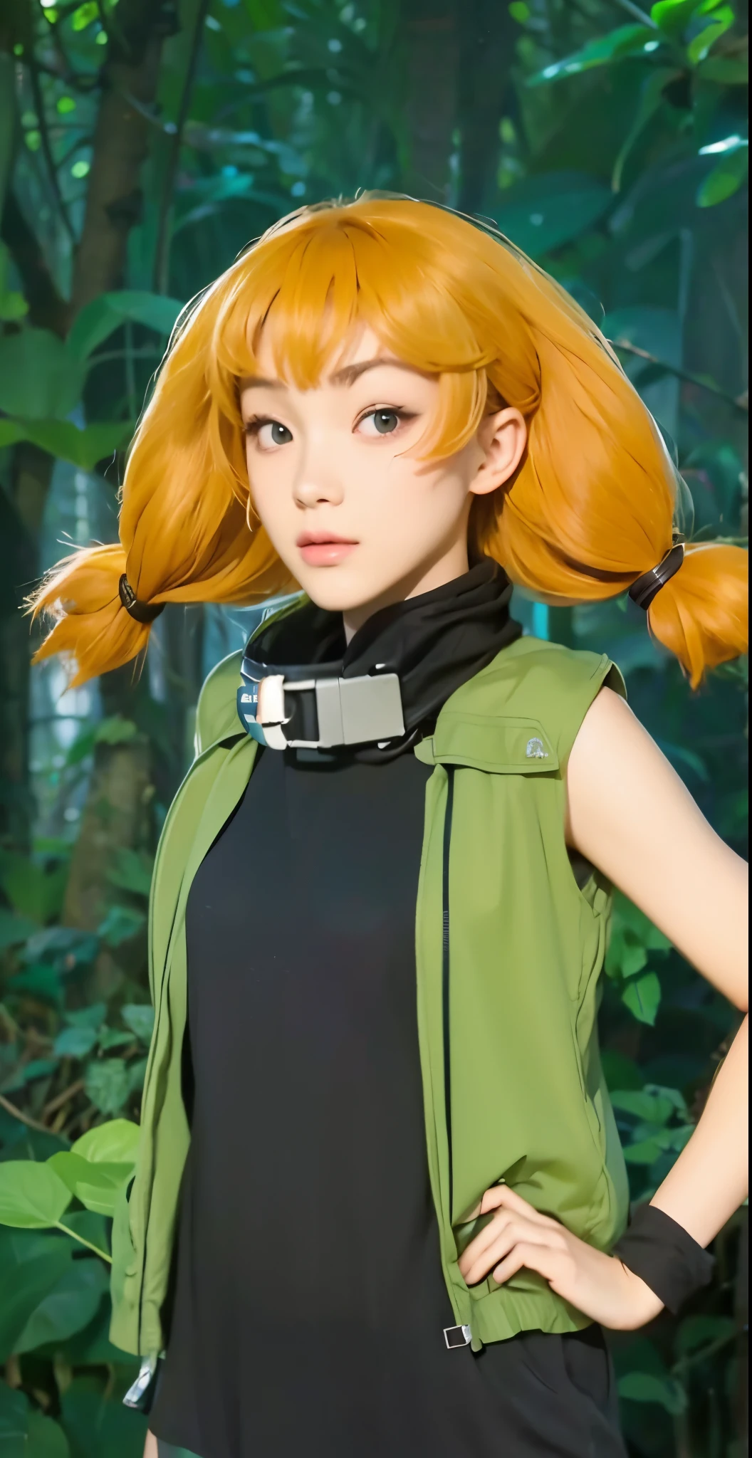 Real life adaption of this character ,teen beauty girl, realistic same hair , (realistic same outfit),realistic jungle background , realistic light, realistic shadow, realism, hyper realistic,(photorealistic:1.2), normal small eyes,