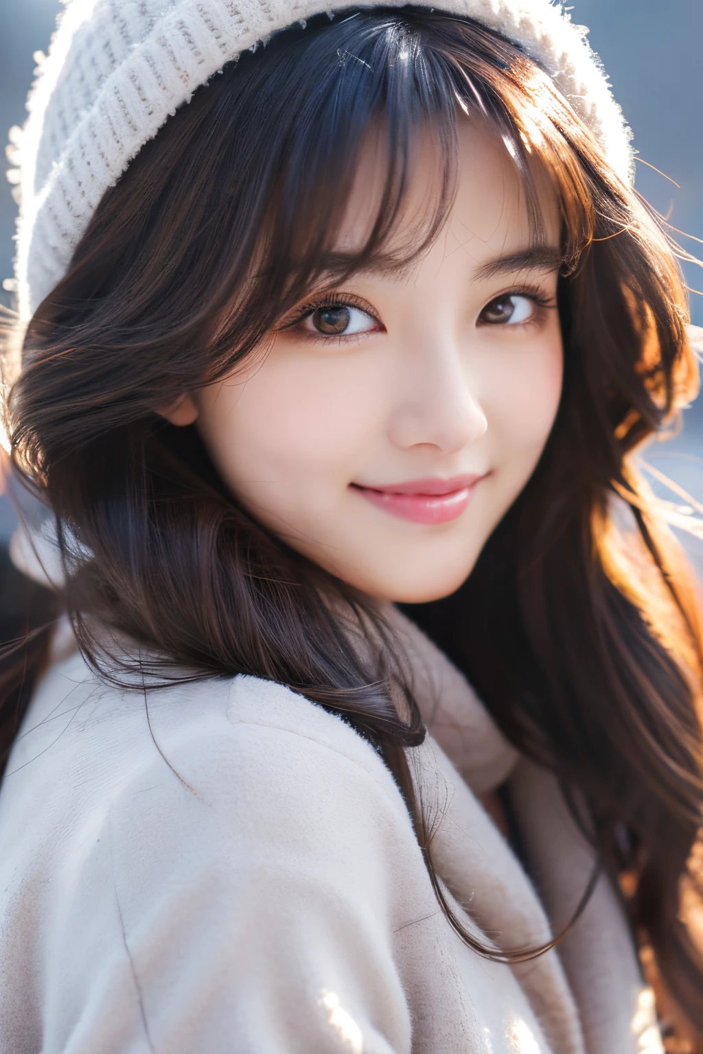 Masterpiece, highest quality, illustration, ultra-definition, detailed, high resolution, 8K wallpaper, perfect dynamic composition, detailed eyes, winter women's fashion, wavy hair, small breasts, natural colored lips, smile, Harajuku, 25-year-old girl , cute, sexy shots looking at the camera, full body shots,