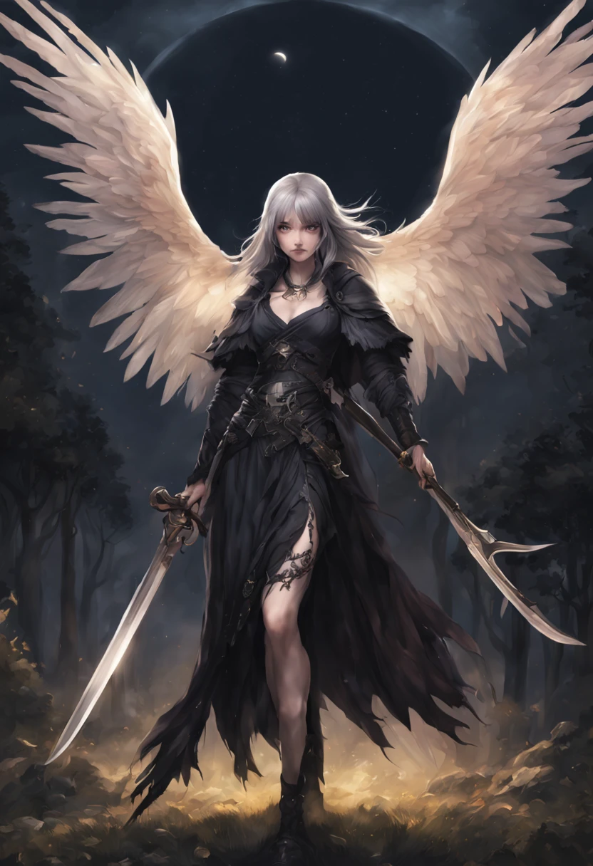 (best quality,highres,ultra-detailed,photorealistic:1.2),angel with a forbidden smile,grey hair,long straight hair,fair skin,death god,sharp scythe,ominous aura,sword,wings,moonlit garden,night sky,dark atmosphere,dark wings,holy light,hint of darkness