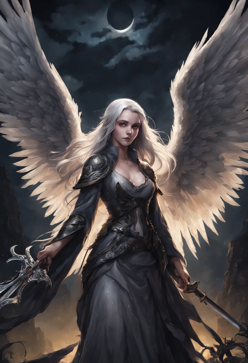 (best quality,highres,ultra-detailed,photorealistic:1.2),angel with a forbidden smile,grey hair,long straight hair,fair skin,death god,sharp scythe,ominous aura,sword,wings,moonlit garden,night sky,dark atmosphere,dark wings,holy light,hint of darkness