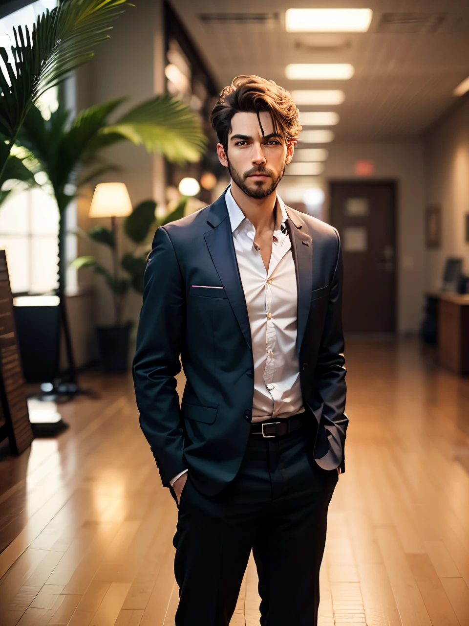 Smart guy with a french Please Be a little smart and clear your face man standing in business attire with a rigid posture, chest out and chin up. Arms crossed.I want you to change my clothes into coat and pants and make the background behind me look like a nice office.please keep the resolution a little higher 8K