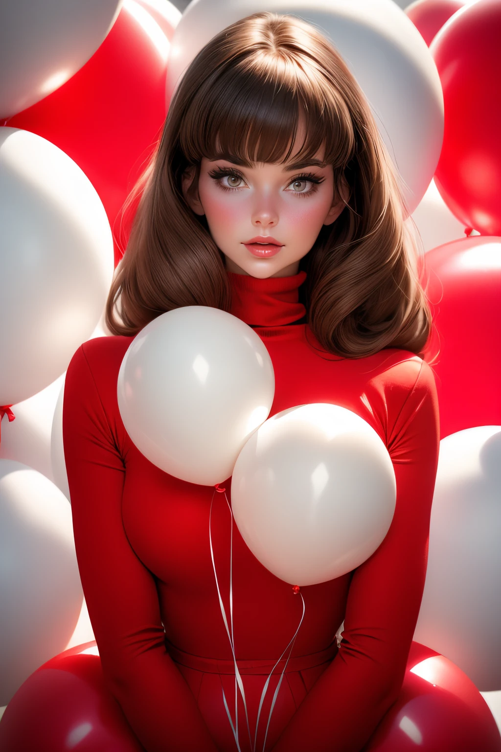 fashion portrait photo of beautiful young woman from the 60s wearing a red turtleneck standing in the middle of a ton of white balloons epicphoto