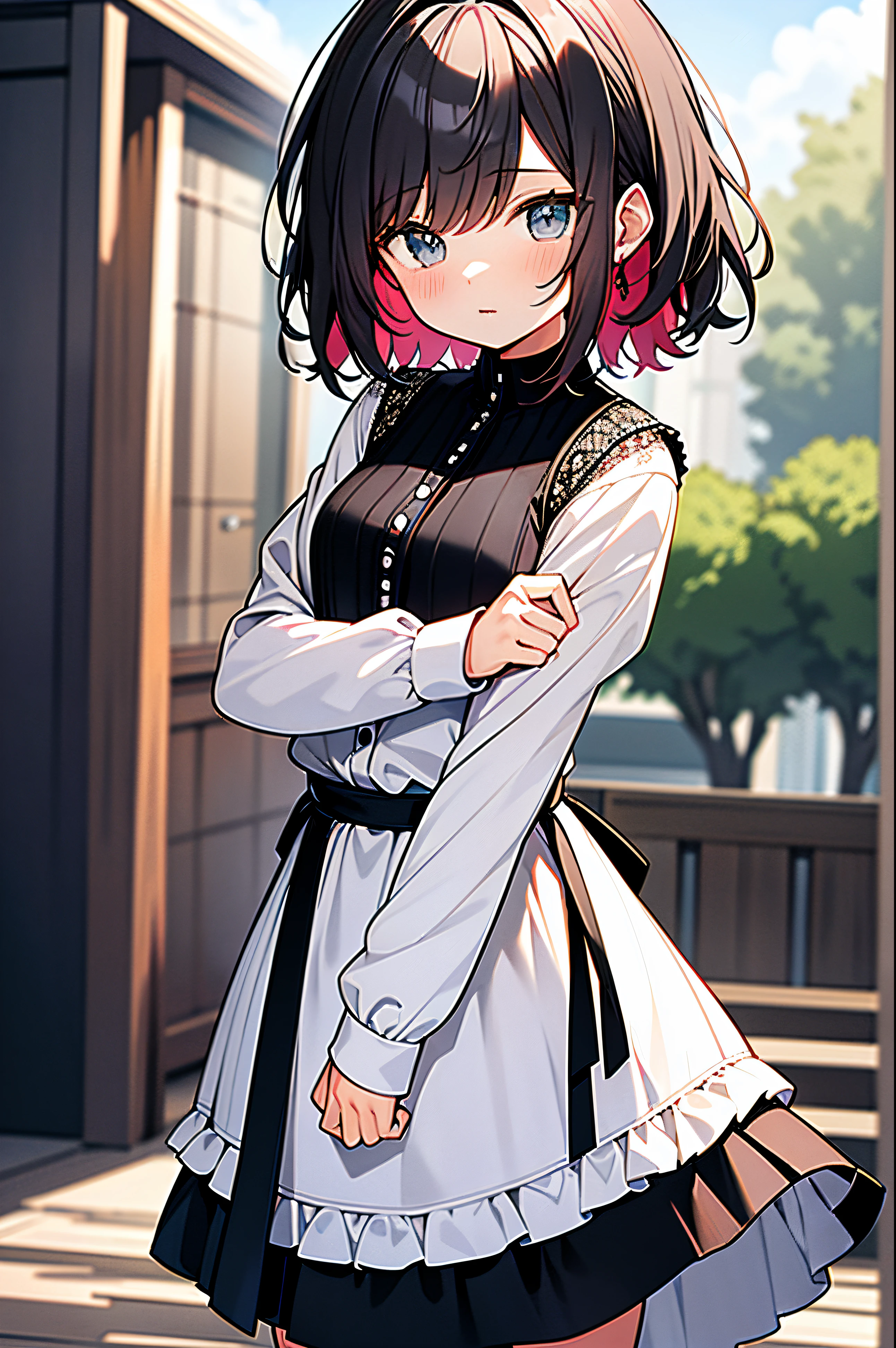 (highest qualityr、Calidad de imagen 32K、obra maestra、NFFSW:1.2)、Un lindo loli、pelo corto medio、trenzado corto、Cara hermosa、(encorvado:1.3)、al atardecer、agacharse、(Desde arriba:1.3)、(Un primer plano:1.4)、small curvy loli、((Puedes ver el cofre))、Perspectiva Bust Up、Camisa grande holgada、(beautiful nipple slips:0.9)、fuera de casa、El viento、piel brillante、Backround borroso