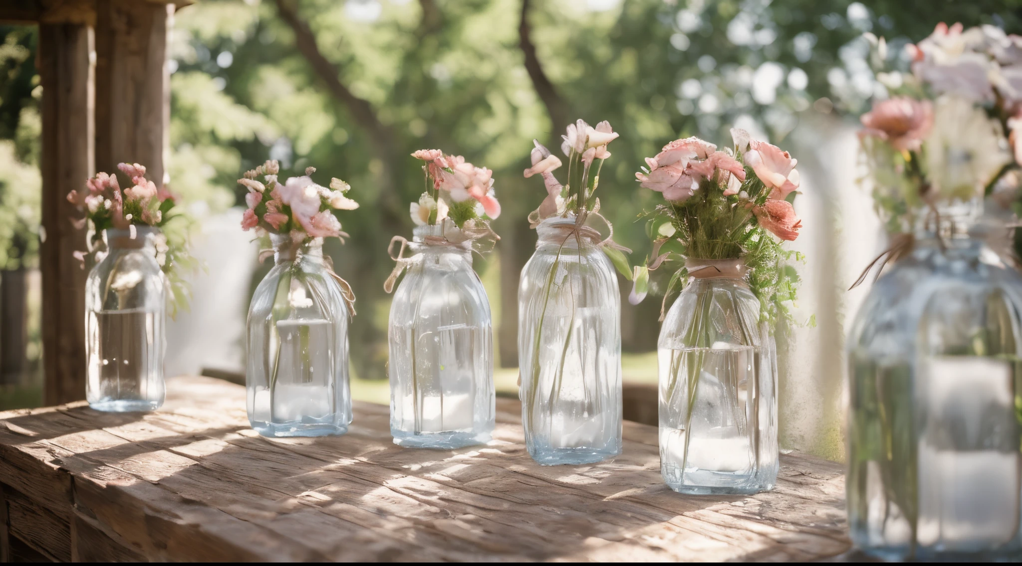 water jars, wedding, rustic, close up, outdoors, sun rays, perfect, cinematic
