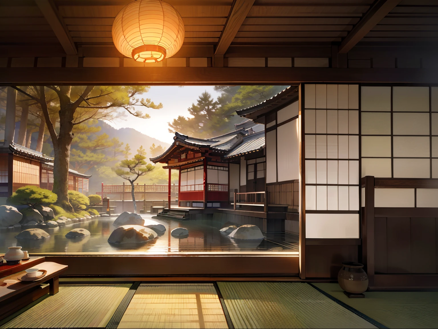 There is a room with a painting of a japanese garden - SeaArt AI