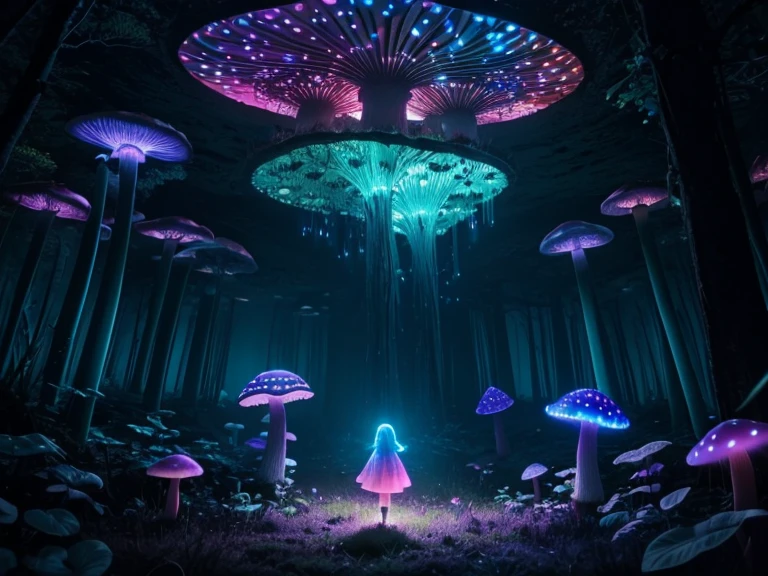 A girl sit and eat lunch in a bioluminescent mushroom forest, realistic, cinematic light, (best quality,4k,8k,highres,masterpiece:1.2), ultra-detailed, vivid colors, sharp focus, HDR, physically based rendering, professional god ray, fractal art