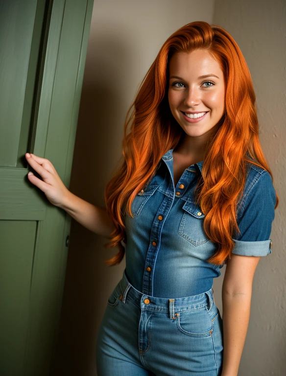 Realistic portrayal:1.2, photorealistic, 8k, Sam from Totally Spies! long slightly wavy orange hair, emerald green eyes and fair skin; smiling,wearing a full body denim outfit. , wide-angle shot, high-angle shot