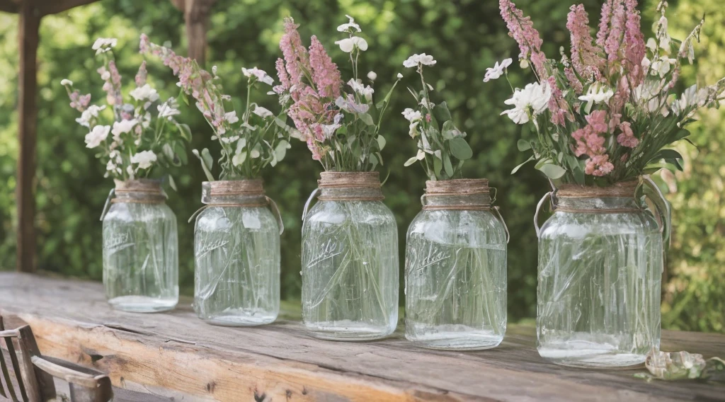 large kilner water jars, with taps, wedding, rustic, close up, outdoors, sun rays, perfect, cinematic