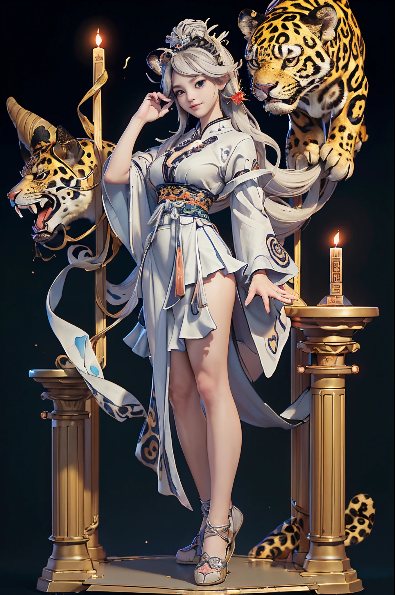 ((Sculpture design)),((full body portrait of person:1.6)),((undying)),((tmasterpiece)),【Create a LOGO based on:(jungle spirit,Appear in female form,),(Chinese mythology:1.5),(There is a jaguar next to me:1.6,complete jaguar:1.6),(A MILF,熟妇,mature,big chest and thin waist,long leges,Goddess Fan,),(wildness),(Enchanting figure),(Perfect woman),(Long layers of silver hair:1.4),ear nipple ring,Large breasts,Expose breasts exposed,((Headdress symbolizing God))】,((Fluttering skirts)),(dunhuang:1.2),((Sexual suggestiveness)),(Computer graphic arts:1.4), (s fractal art: 1.2),(( 32K,A high resolution,hyper HD,)), (( Professional Quality,Perfect photography, ray traycing, perfect volumetric lighting, hight quality octane render, High quality vectors)), ((hyper-detailing:1.2,Complicated details:1.2)), ((ultra real photo,フォトリアリスティック,3 Rendering)),((epic image)),(Blind box toy style:1.6),((simple backgound,Deep dark background:1.2,with black background)),((Detailed faces)),((詳細な目)),((Clean the skin)),(correct hand:1.6),(Complete and beautiful five fingers:1.6),(Head and body proportion anatomical model:1.6),(Anatomically correct perspective and occlusion:1.5),(Correct anatomy:1.5),(Add a base:1.6),(Tangled pedestal::1.6),(Character centered:1.4),(Warm color palette),