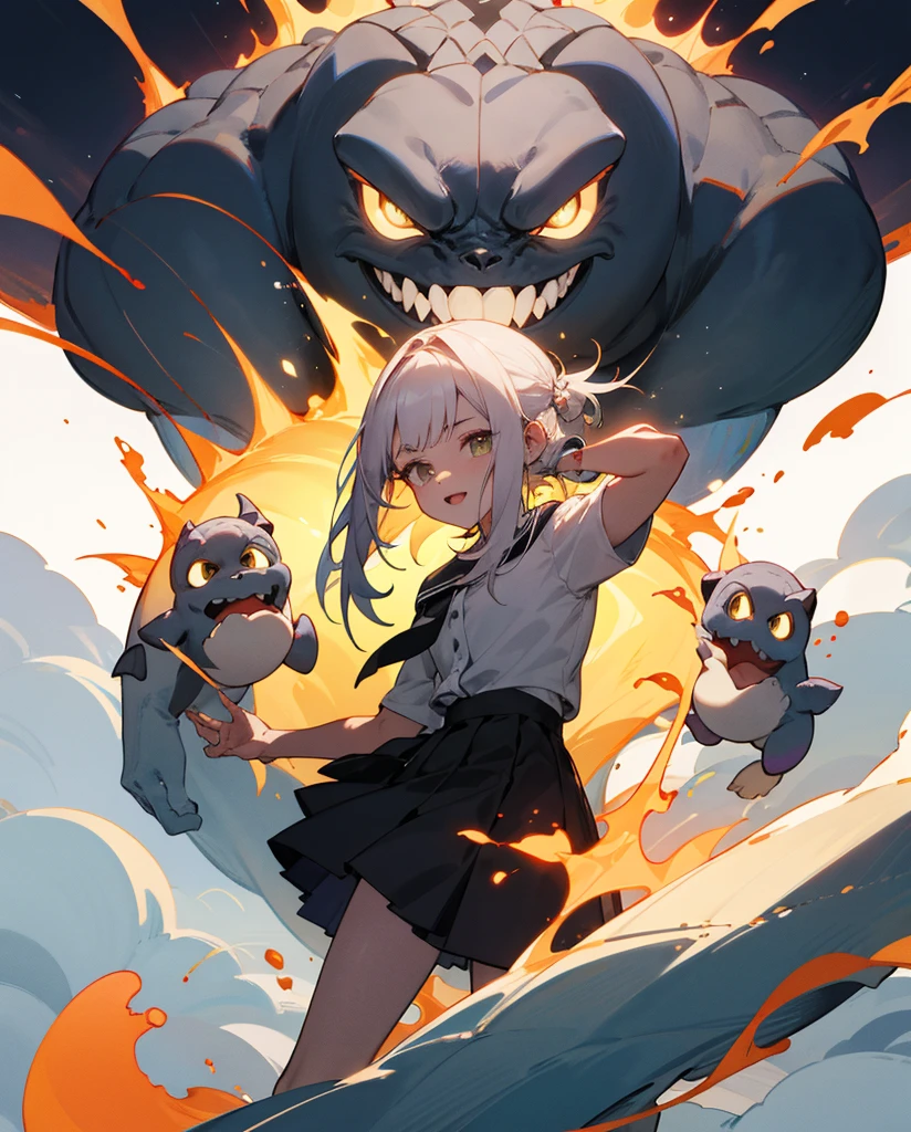 brat, garoto olhos vermelho, cabelo branco, invocador de monstros, garota olhos azul, cabelos brancos, maga, imagem 8k, they are teenagers, image showing from head to toe, usando roupas de estudantes de anime, a garota usando magia de fogo, o garoto invocando um monstro, os dois na mesma imagem o monstro atras do garoto, the fire in the girl&#39;s hand, o garoto do lado da garota na imagem junto com o monstro e o fogo tudo junto, imagem 1920x1080, papel de parede.