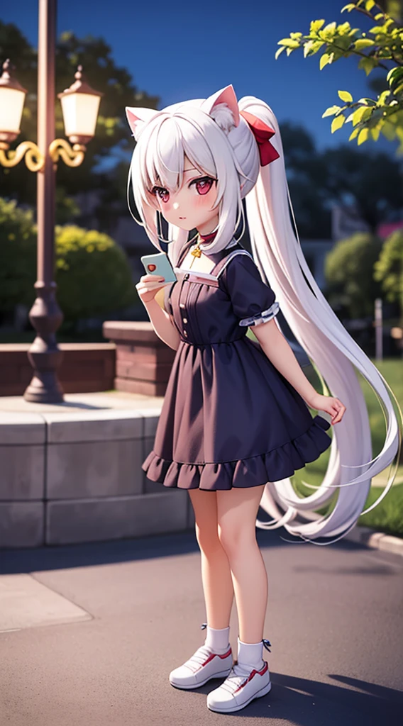 1girl, 18 years old girl, cat girl, white hair, long hair, ponytail, night, park around, hide and seek, play, masterpiece 8k