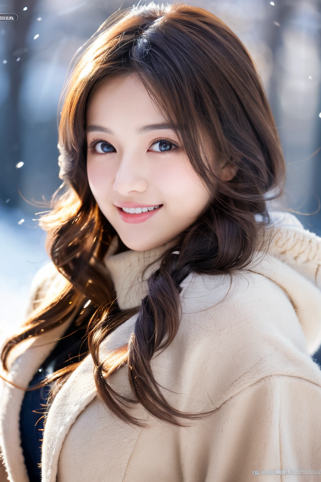 Masterpiece, highest quality, illustration, ultra-definition, detailed, high resolution, 8K wallpaper, perfect dynamic composition, detailed eyes, winter women's fashion, wavy hair, small breasts, natural colored lips, smile, Harajuku, 25-year-old girl , cute, sexy shots looking at the camera, full body shots,