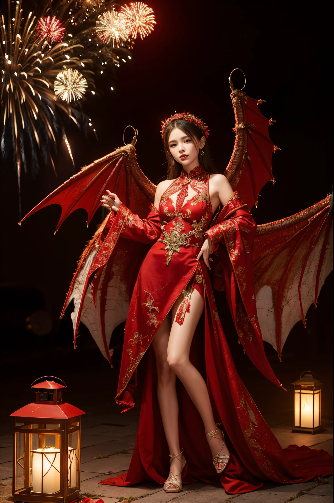 Dragon Angel with Broken Wings,intricate detailed clothes,Red is very festive,Has a warming effect,Furry cuffs,There are fireworks behind,Holding a lantern in hand,There is a kitten at my feet