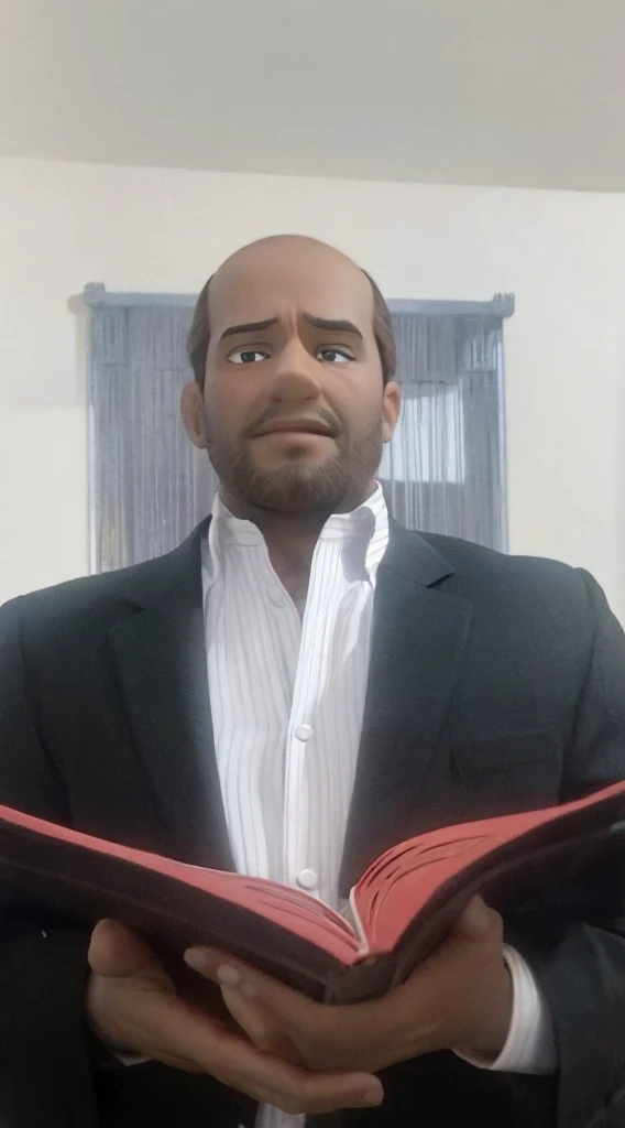 man with bible in hands in suit with brunette disney pixar cartoon