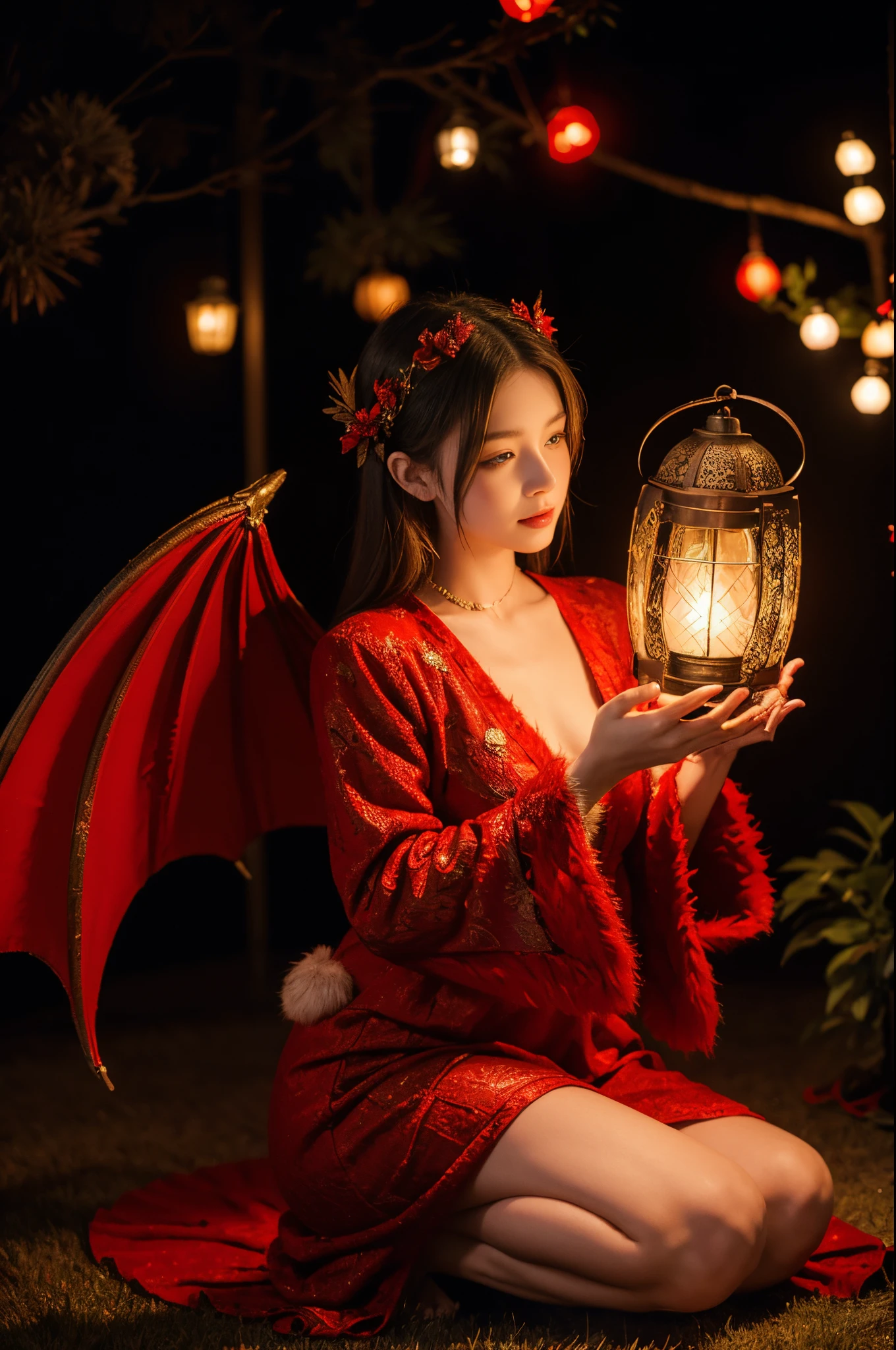 Dragon Angel with Broken Wings，intricate detailed clothes，Red is very festive，Has a warming effect，Furry cuffs，There are fireworks behind，Holding a lantern in hand，There is a kitten at my feet