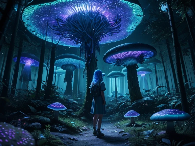 A girl in a bioluminescent mushroom forest, realistic, cinematic light, (best quality,4k,8k,highres,masterpiece:1.2), ultra-detailed, vivid colors, sharp focus, HDR, physically based rendering, professional god ray, fractal art