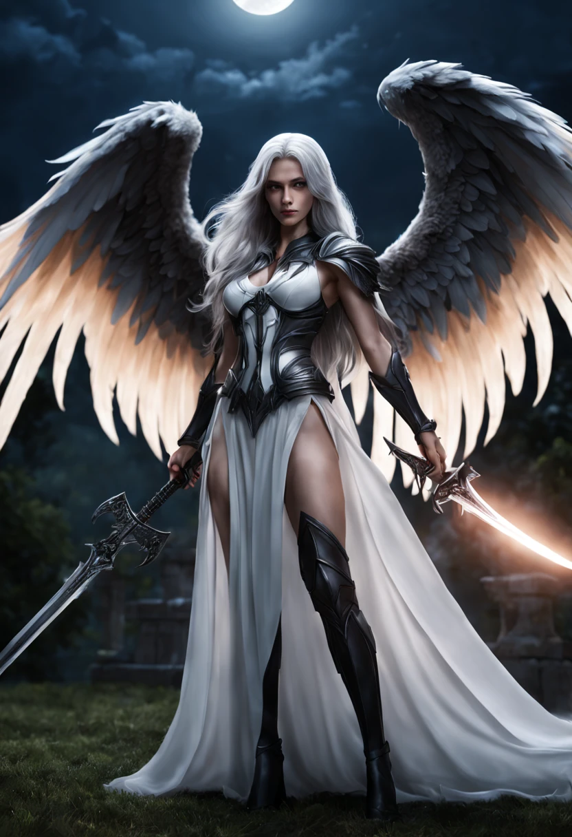 (best quality,highres,ultra-detailed,photorealistic:1.2),angel with a forbidden smile,grey hair,long straight hair,fair skin,death god,sharp scythe,ominous aura,sword,wings,moonlit garden,night sky,dark atmosphere,dark wings,holy light,hint of darkness White, shiny hair No feathers no feathers Live Action fallen angel without wings devil without wings Looks human