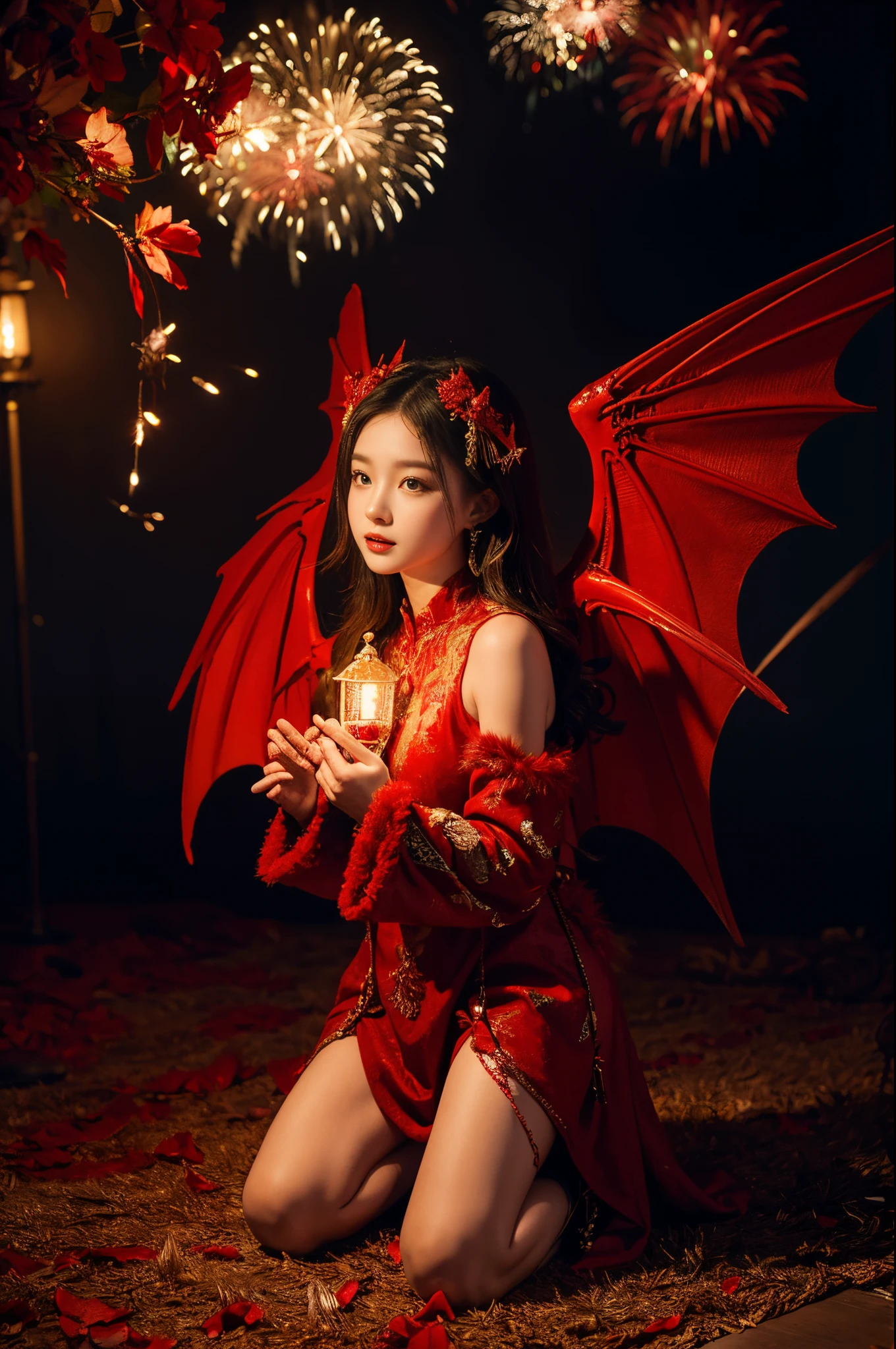 Dragon Angel with Broken Wings,intricate detailed clothes,Red is very festive,Has a warming effect,Furry cuffs,There are fireworks behind,Holding a lantern in hand,There is a kitten at my feet
