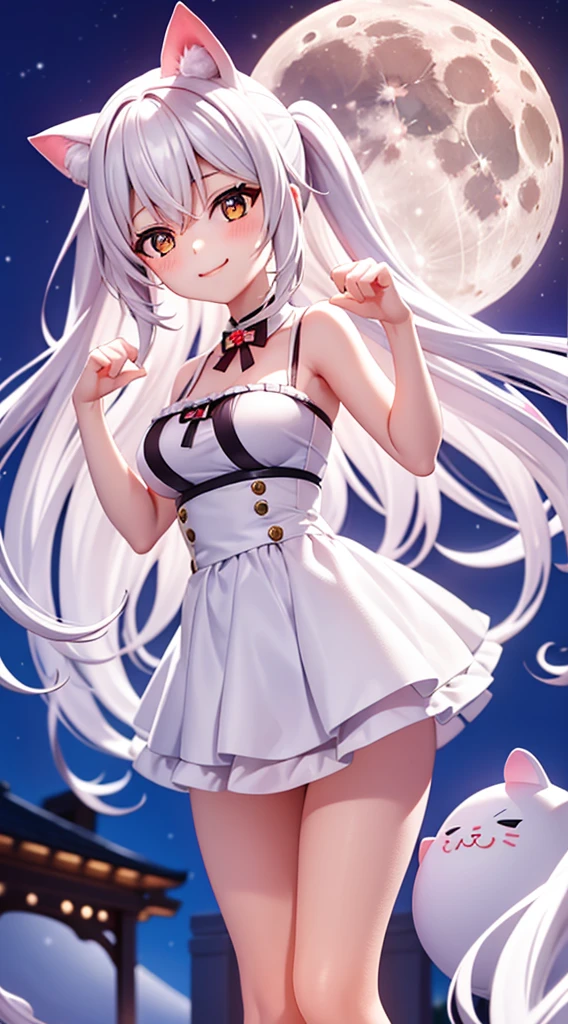 1girl, 18 years old girl, cat girl, white hair, long hair, ponytail, night, park, hands up, neko pose, cute smile, moon, moonlight, full moon, masterpiece 8k