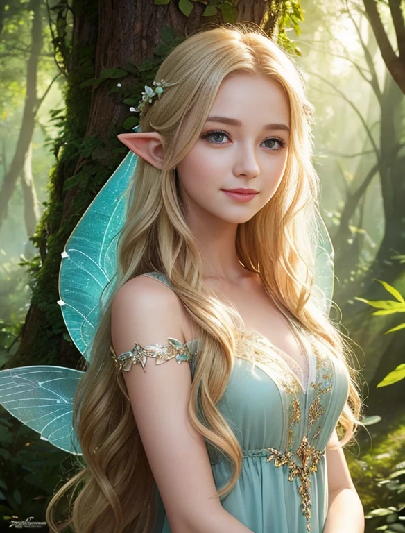 best quality, ultra-detailed, realistic, elven fairy, young, beautiful smile, silky and wavy hair, blonde, detailed eyes and face, long eyelashes, enchanting atmosphere, magical forest, ethereal light, delicate wings, graceful posture, nature-inspired backdrop, vibrant colors, dreamlike scene