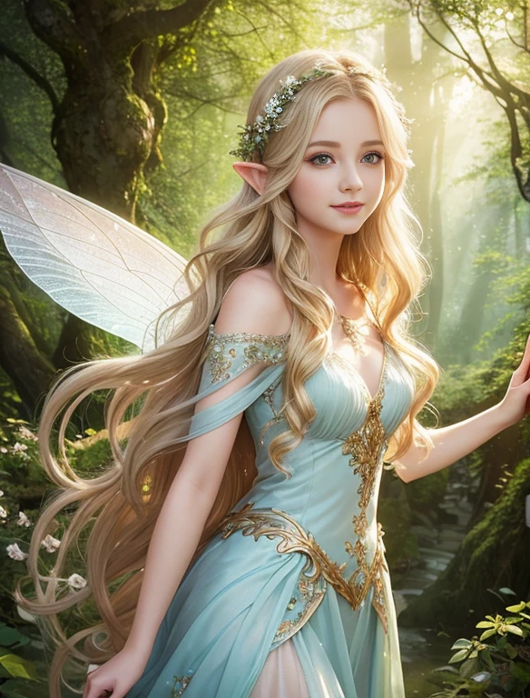 best quality, ultra-detailed, realistic, elven fairy, young, beautiful smile, silky and wavy hair, blonde, detailed eyes and face, long eyelashes, enchanting atmosphere, magical forest, ethereal light, delicate wings, graceful posture, nature-inspired backdrop, vibrant colors, dreamlike scene