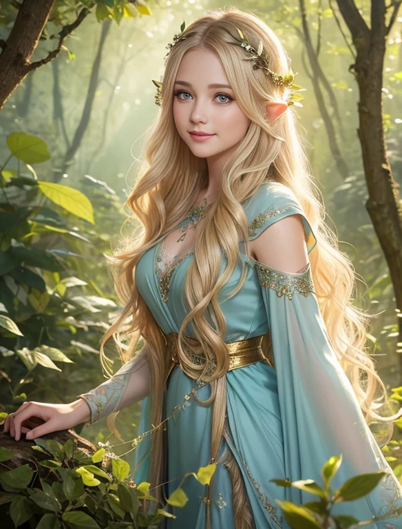 best quality, ultra-detailed, realistic, elven fairy, young, beautiful smile, silky and wavy hair, blonde, detailed eyes and face, long eyelashes, enchanting atmosphere, magical forest, ethereal light, delicate wings, graceful posture, nature-inspired backdrop, vibrant colors, dreamlike scene