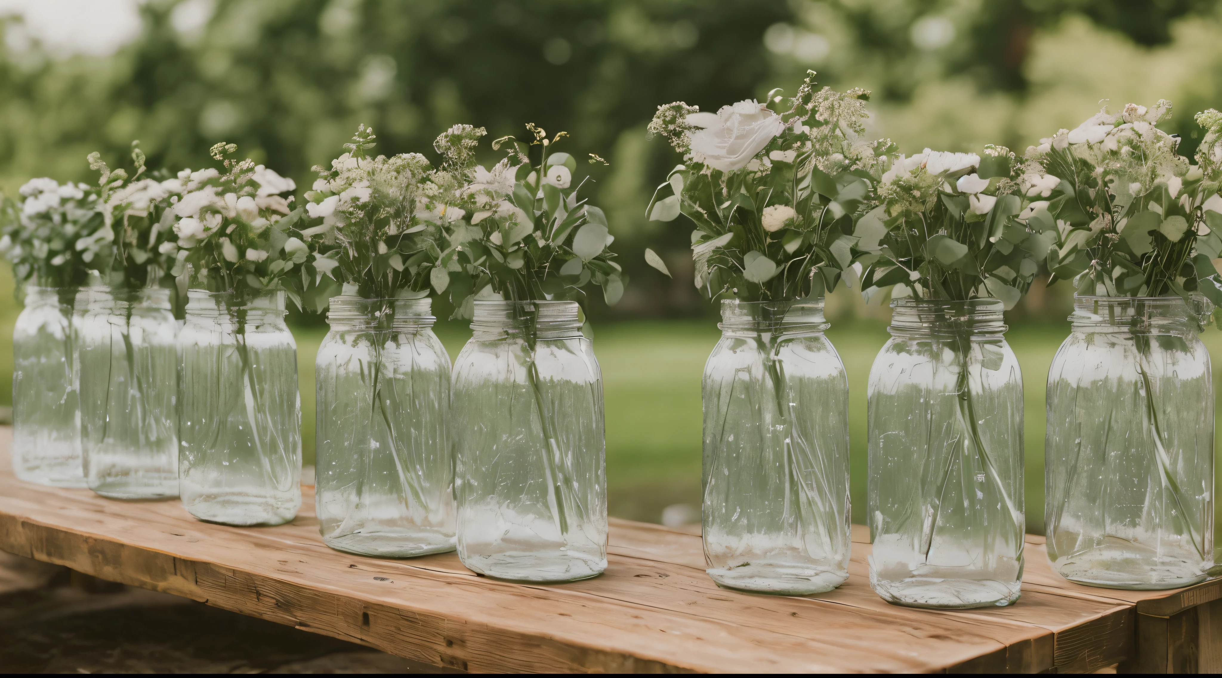 large kilner water jars, with taps, wedding, rustic, close up, outdoors, sun rays, perfect, cinematic