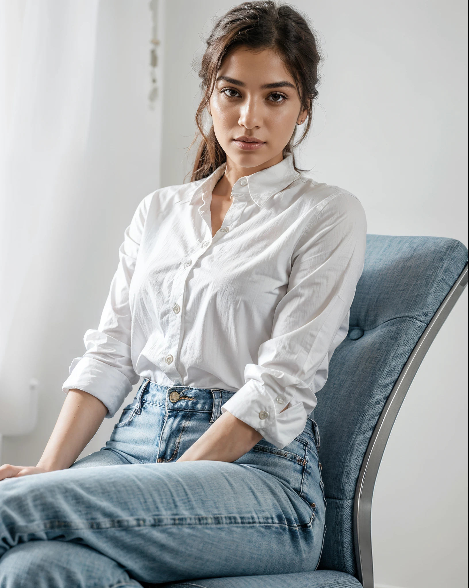 arafed woman sitting in a chair with a white shirt and blue jeans, promotional portrait, sitting in chair, siting in a chair, promotional picture, sitting on designer chair, sitting on chair, portrait image, ameera al taweel, sitting in a chair, 'white background'!!!, promotional photoshoot, masterpiece, best quality, extremely detailed face, perfect lighting