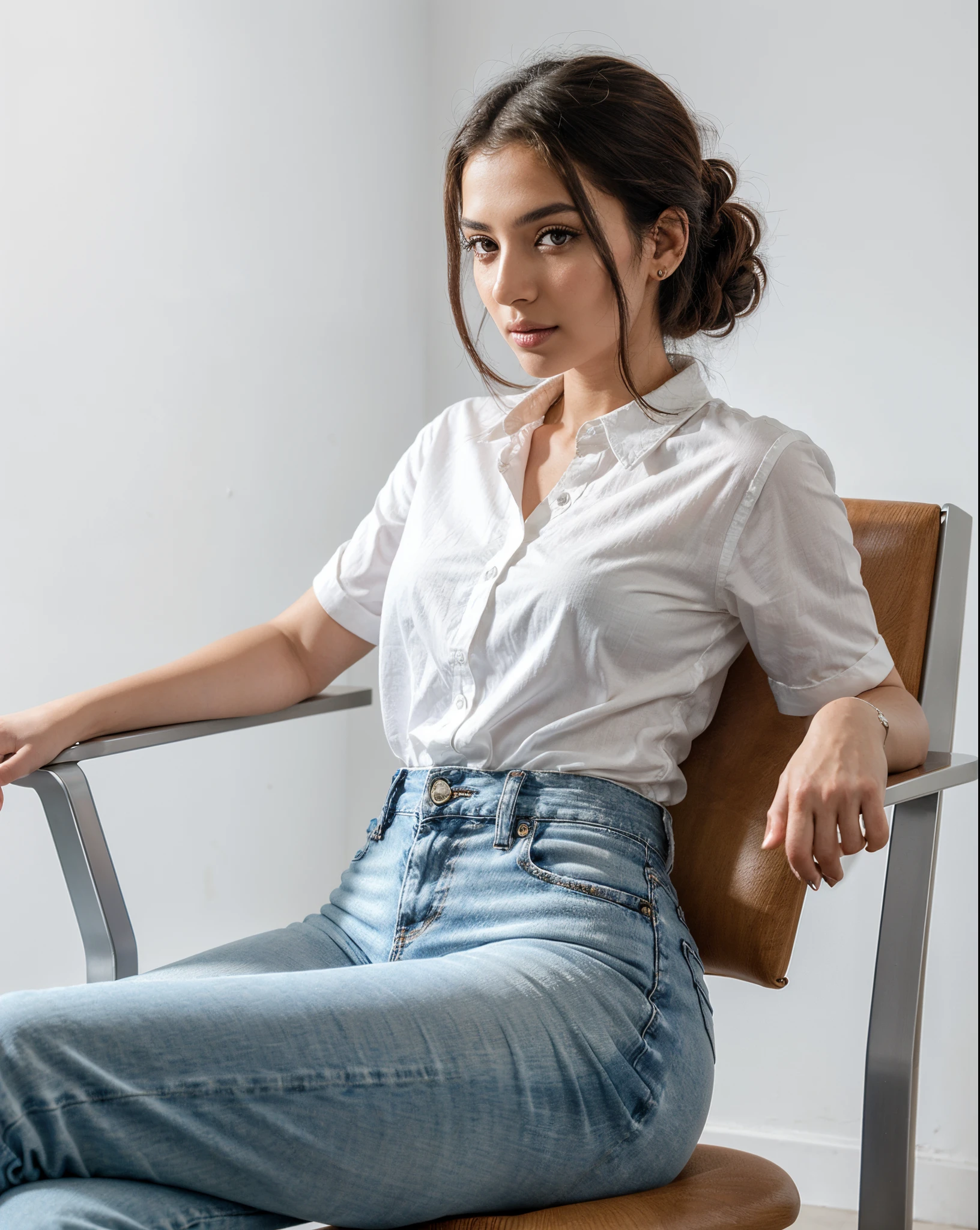 arafed woman sitting in a chair with a white shirt and blue jeans, promotional portrait, sitting in chair, siting in a chair, promotional picture, sitting on designer chair, sitting on chair, portrait image, ameera al taweel, sitting in a chair, 'white background'!!!, promotional photoshoot, masterpiece, best quality, extremely detailed face, perfect lighting