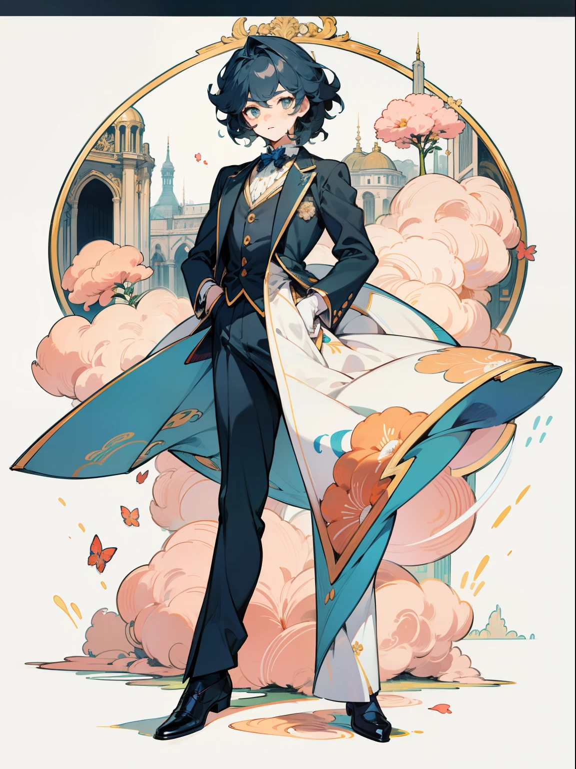 Anime boy in retro style suit. print on a trouser suit , , strewn with flowers, ornate outfit, curly hair, artbook artwork, Retro anime, in costume, in a fancy, elegant suit, official artwork, careful drawing with fine ink, Korean anime in retro style, Cute anime boy in a beautiful suit, anime cover, loliashion, aristocratic appearance, artbook, official artbook, Lolita s, Dynamic posture, light pastel tones of coral color