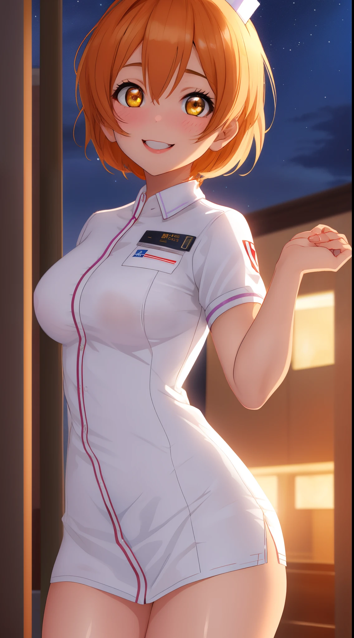 Masterpiece, sksrin, beautiful urban female model, white transparent clothes under empty night stars, facial details, detailed body part details, 8k wallpaper,  looking at viewer, hospital, Hoshizora rin, short hair, nurse custom, thighs, golden ,glowing eyes, cowboy shot, sexy, smile