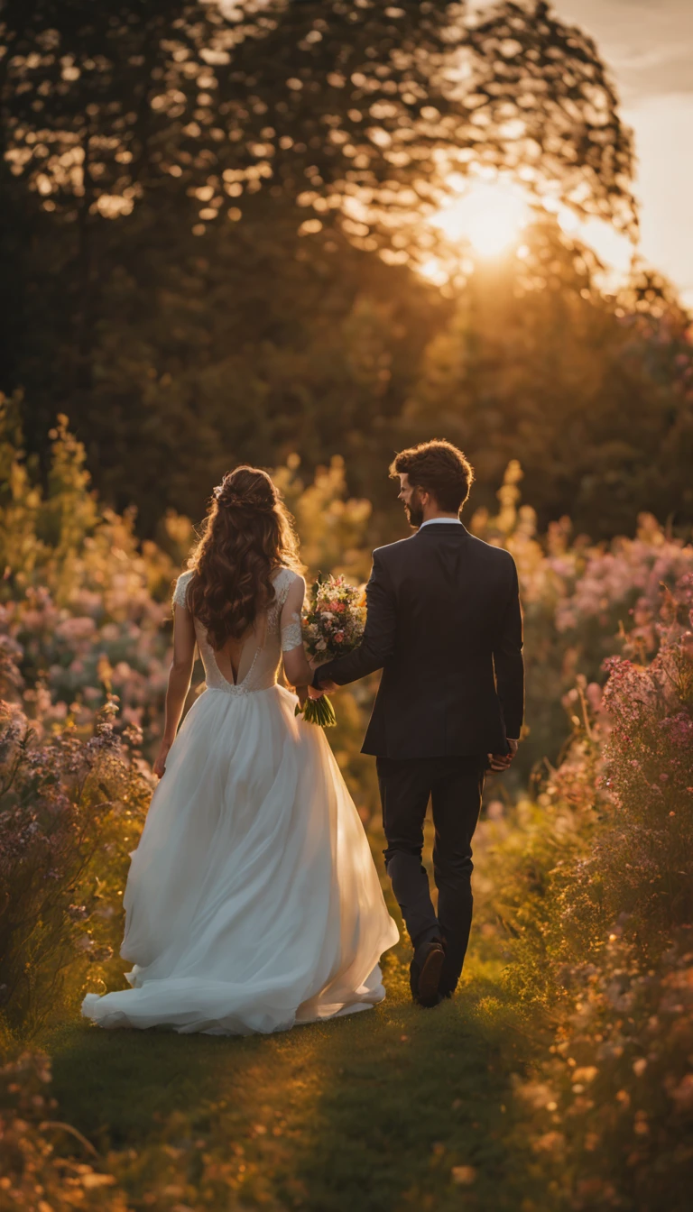 a beautiful man and woman couple, bride and groom walking away from camera, from behind, woman with long hair, brunette hair, man with dark hair, woman, holding wedding posy field of spring wild flowers, sunrise, high heels, dramatic light , Rembrandt lighting scheme, (hyperrealism:1.2), (photorealistic:1.2), shot with Canon EOS 5D Mark IV, detailed face, detailed hair