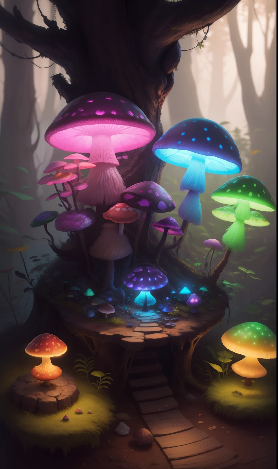 Colorful glowing mushrooms，Fantasy mysterious forest。cute forest elf，high high quality，k hd，meticuloso，tmasterpiece