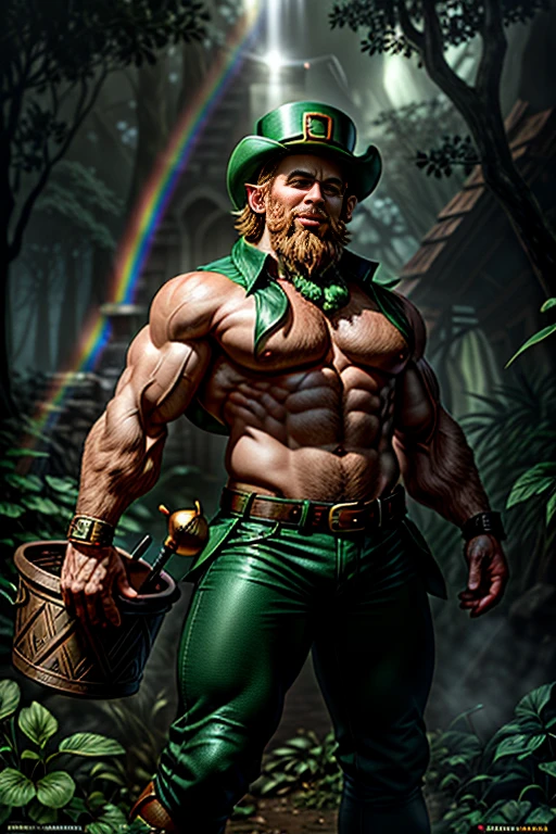 A portrait of a leprechaun belissimo, ((leprechun)) male face, (( without shirt)), (( looking for camera), (( Man full body of 18 years)),, charming and sexy, Friendly and mischievous, (( Green cardboard with a four-leaf trevo spotted on the edge)), Bobo, beard and smile, (( Rainbow and the Pot of Gold) ), ((magical creatures)), (SPIRITS, Fairies, Leprechaum) )), ((Legends of Fairy)), Villanious, Homen Hot whole hot body, ((sculptural body, large and strong chest, muscular legs, various positions)), Background Celtic Magic Forest, Frank Kelly Freas, Karol Bak's style (( beautiful face), ((beautiful face)),)) Ultra Definition, best quality, ultra 32k, ultra hd