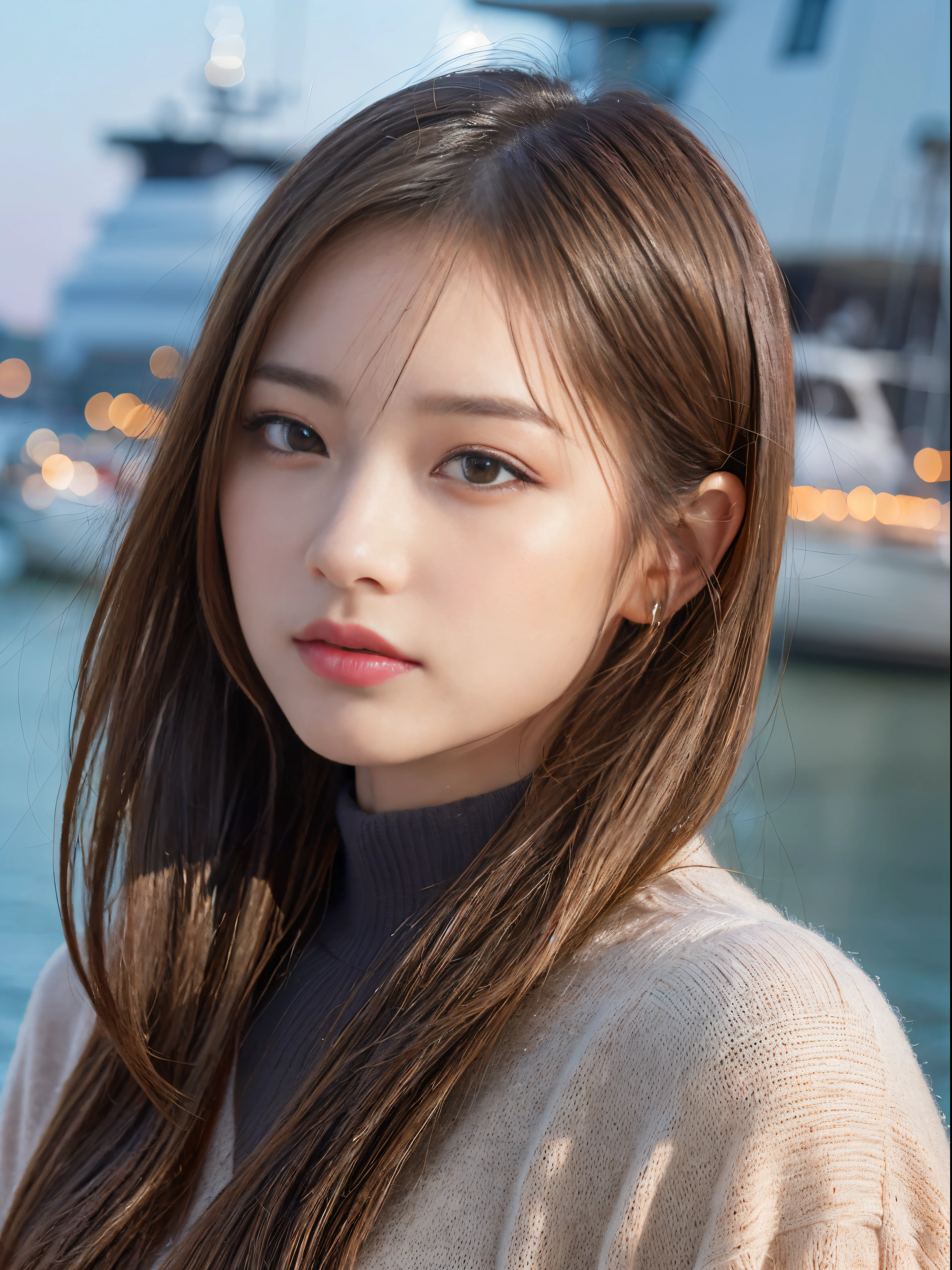(​masterpiece:1.3), (8K, Photorealsitic, Raw photography, The background is a winter yacht harbor、(Top image quality: 1.4), 23-year-old girl、Super Detail Face、Eye of Detail、二重まぶた、foco nítido:1.5、prety woman:1.4、light brown hair、poneyTail、Natural Color Lip、top-quality、​masterpiece、超A high resolution、(Photorealsitic:1.4)、very detailed and professional lighting、Women's fashion in winter、long  skirt、is standing、slender、serious facial expression、Transparent skin、randome pose、Glowing hair、