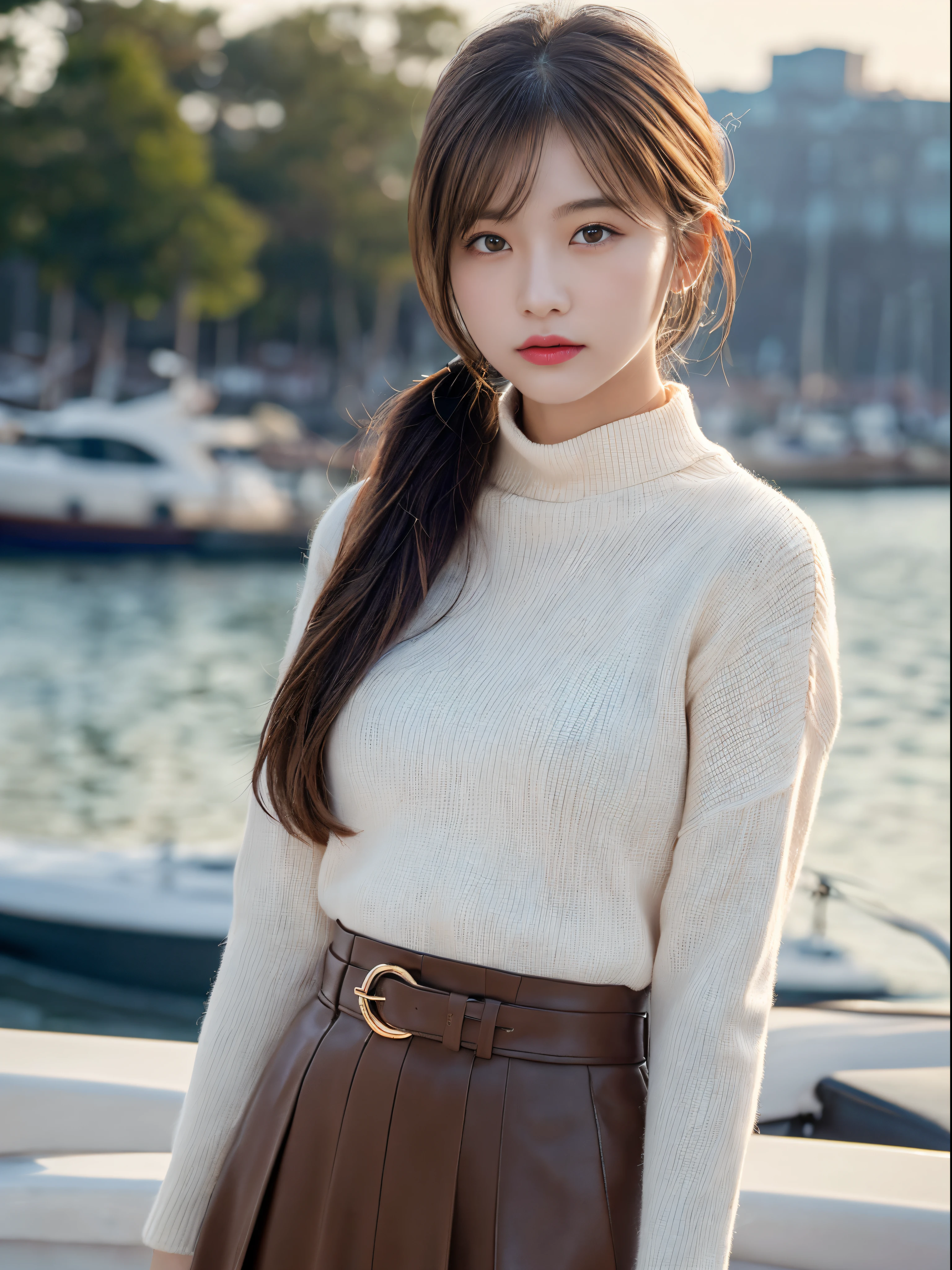 (masterpiece:1.3), (8K, Photorealsitic, Raw photography, The background is a winter yacht harbor、(Top image quality: 1.4), 23-year-old girl、Super Detail Face、Eye of Detail、二重まぶた、foco nítido:1.5、prety woman:1.4、light brown hair、poneyTail、Natural Color Lip、top-quality、masterpiece、超A high resolution、(Photorealsitic:1.4)、very detailed and professional lighting、Women's fashion in winter、long skirt、is standing、slender、serious facial expression、Transparent skin、randome pose、Glowing hair、