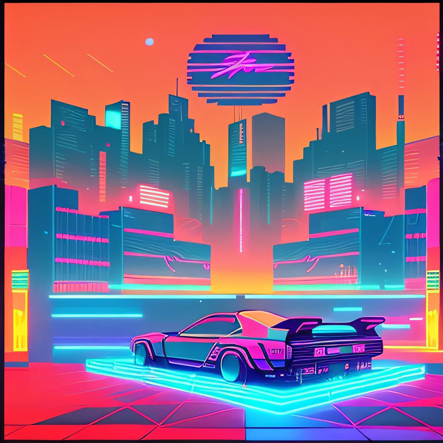 A car in the neon city of the future background, art deco outrun anime aesthestic, Epic retro wave art masterpiece, retro wave art, Epic retro wave art, 80s poster, Retro wave, retrowave epic art, outrun art style, Retro cyberpunk, 8 0 is aesthetic, retrowave, synthwave art, retro wavy style