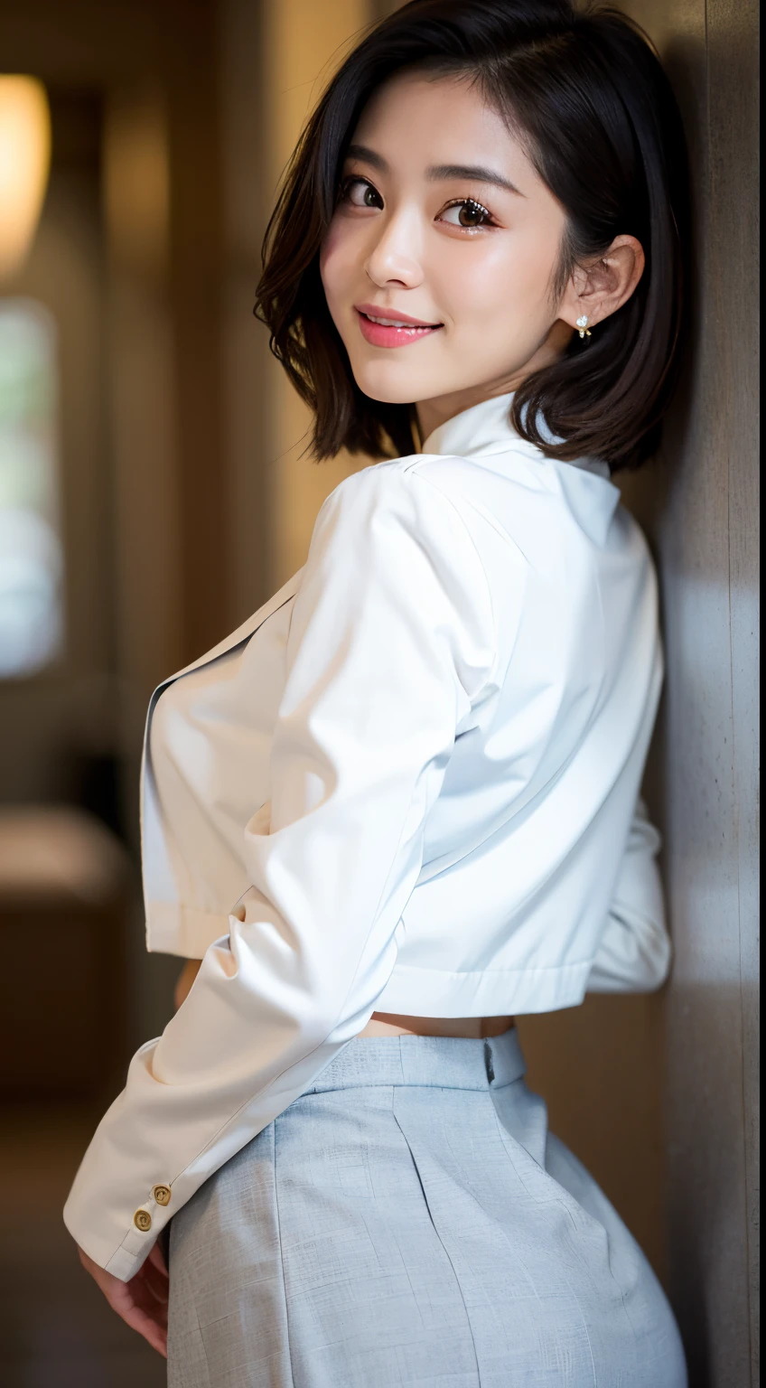 Best-quality, Masterpiece, Ultra-High-Resolution, (Photorealistic:1.4), Raw-Photo, Extremely-Details, Perfect-Anatomy, 1girl, the most popular Japanese actress, back view, dynamic pose, (upturned butt wearing tight-skirt, wearing white blouse and light gray jacket and tight skirt), looking at viewer, beautiful smile, detailed extremely beautiful hip, extremely beautiful face like a most famous Japanese actress, extremely beautiful big black solid circle eyes, (extremely beautiful black short-cut-haired), extremely beautiful lips, extremely beautiful white skins, detailed white blouse, detailed tight-skirt, detailed light gray jacket