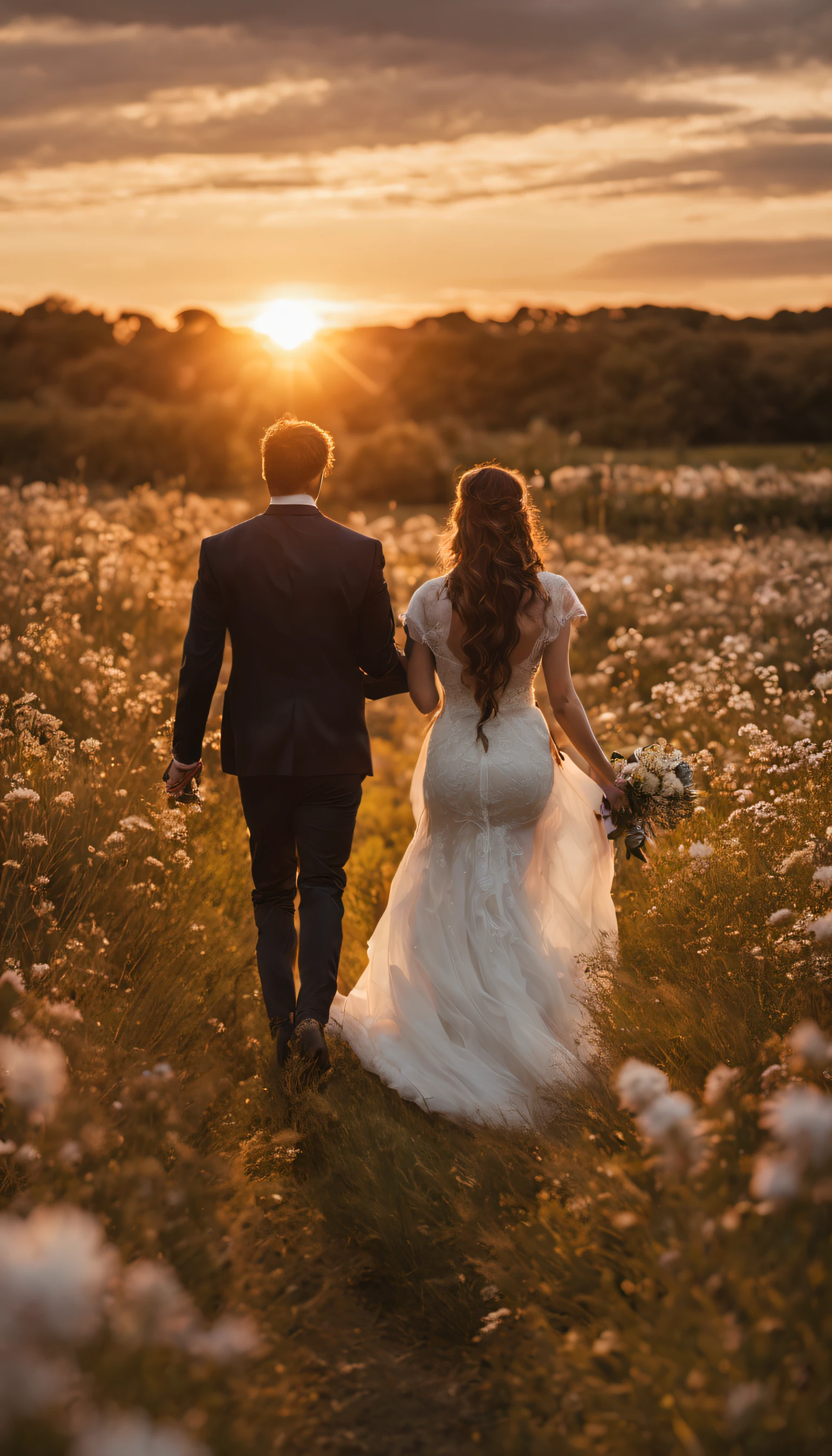 a beautiful man and woman couple, bride and groom walking away from camera, from behind, woman with long hair, brunette hair, man with dark hair, woman, holding wedding posy field of spring wild flowers, sunrise, high heels, dramatic light , Rembrandt lighting scheme, (hyperrealism:1.2), (photorealistic:1.2), shot with Canon EOS 5D Mark IV, detailed face, detailed hair