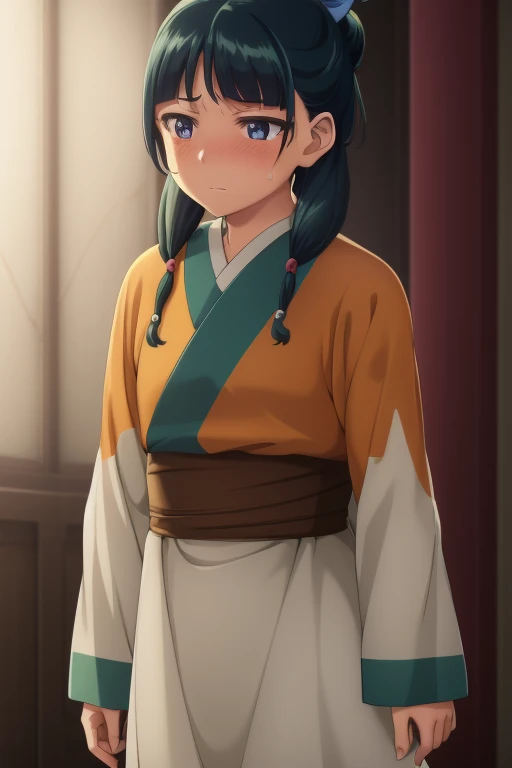 wariza,tartan,(feeling of disgust,Grimace,sweat drop,Shaded face)
Maomao,1girl in,Blunt bangs,Green hair,Long hair,Blue eyes,Solo,
Qingan,Hanfu,side locks,Twin braids,hair over shoulder,hair beads,half updo,Single hair bun,Hair Ribbon,Blue Ribbon,hitornfreckles,Orange kimono,White sleeves,Layered sleeves,short over long sleeves,White skirt,Long skirt,Brown sash,shoes,, Exquisite visuals, hight resolution,masutepiece,Best Quality,, 18year old,infp young woman,Beautiful fingers,Beautiful long legs,Beautiful body,Beautiful nose,Beautiful character design, Perfect eyes, Perfect face,Expressive eyes,
Official art,Highly detailed CG Unity 8K wallpaper, Perfect Lighting,Colorful, Bright_front_Face_Lighting,Shiny skin, 
(masutepiece:1.0),(best_quality:1.0), 超A high resolution,4K,Ultra-detailed,
Photography, 8K, nffsw, hight resolution, absurderes:1.2, Kodak Portra 400, Film grain, Blurry background, Bokeh:1.2, Lens Flare, (Vibrant_Color:1.2), (Beautiful_Face:1.5),(narrow_waist), ,NSFW,