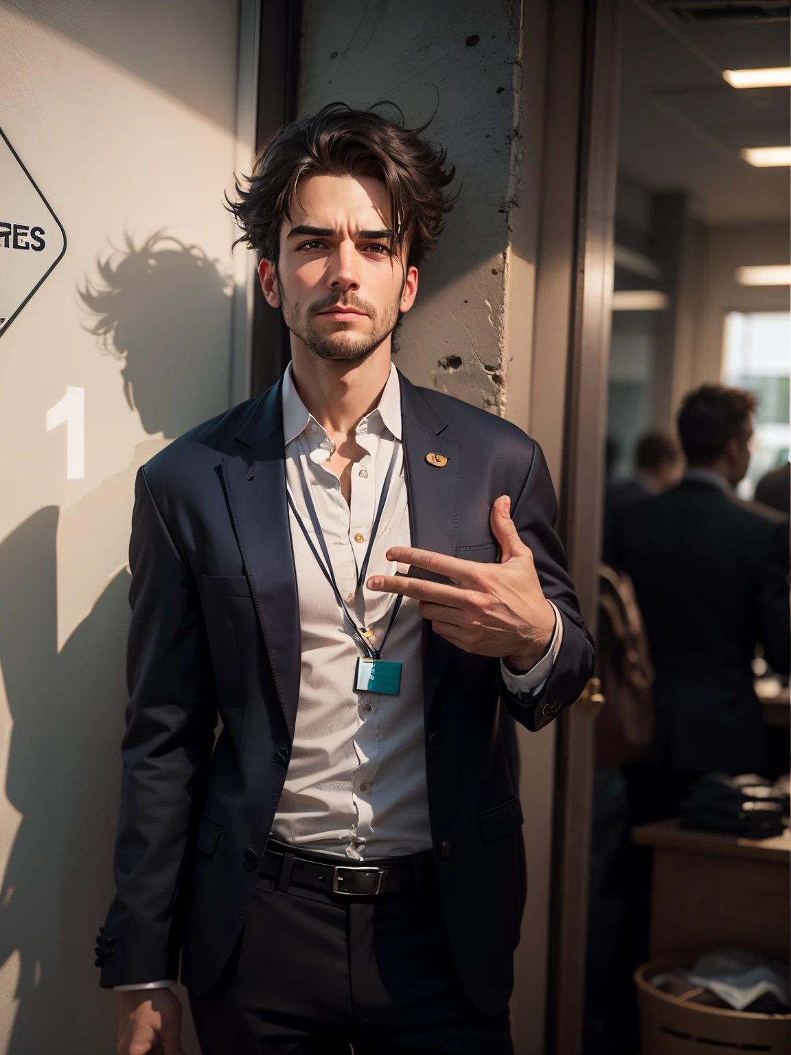 Smart guy with a french Please Be a little smart and clear your face man standing in business attire with a rigid posture, chest out and chin up. Arms crossed.I want you to change my clothes into coat and pants and make the background behind me look like a nice office.please keep the resolution a little higher 8K