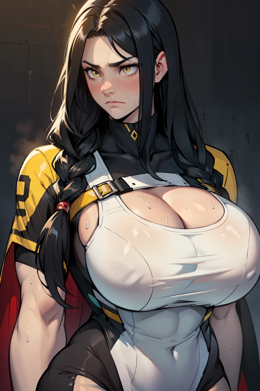 muscular black hair yellow eyes pale skin girl sad cleavage huge breasts blushing frown sweaty long straight hair long straight hair long straight hair long straight hair long straight hair