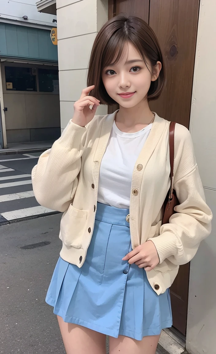 Cute college student in Japan、21years old、jpn、Street、fast food、lunch、Super Detail Face、Eye of Detail、二重まぶた、beautiful thin nose、foco nítido:1.2、prety woman:1.4、(light brown hair,Shortcut Hair, ),fair white skin、top-quality、​masterpiece、超A high resolution、(Photorealsitic:1.4)、Highly detailed and professional lighting smile、Nice skirt in blue，Red cardigan，long-sleeve、Not exposed