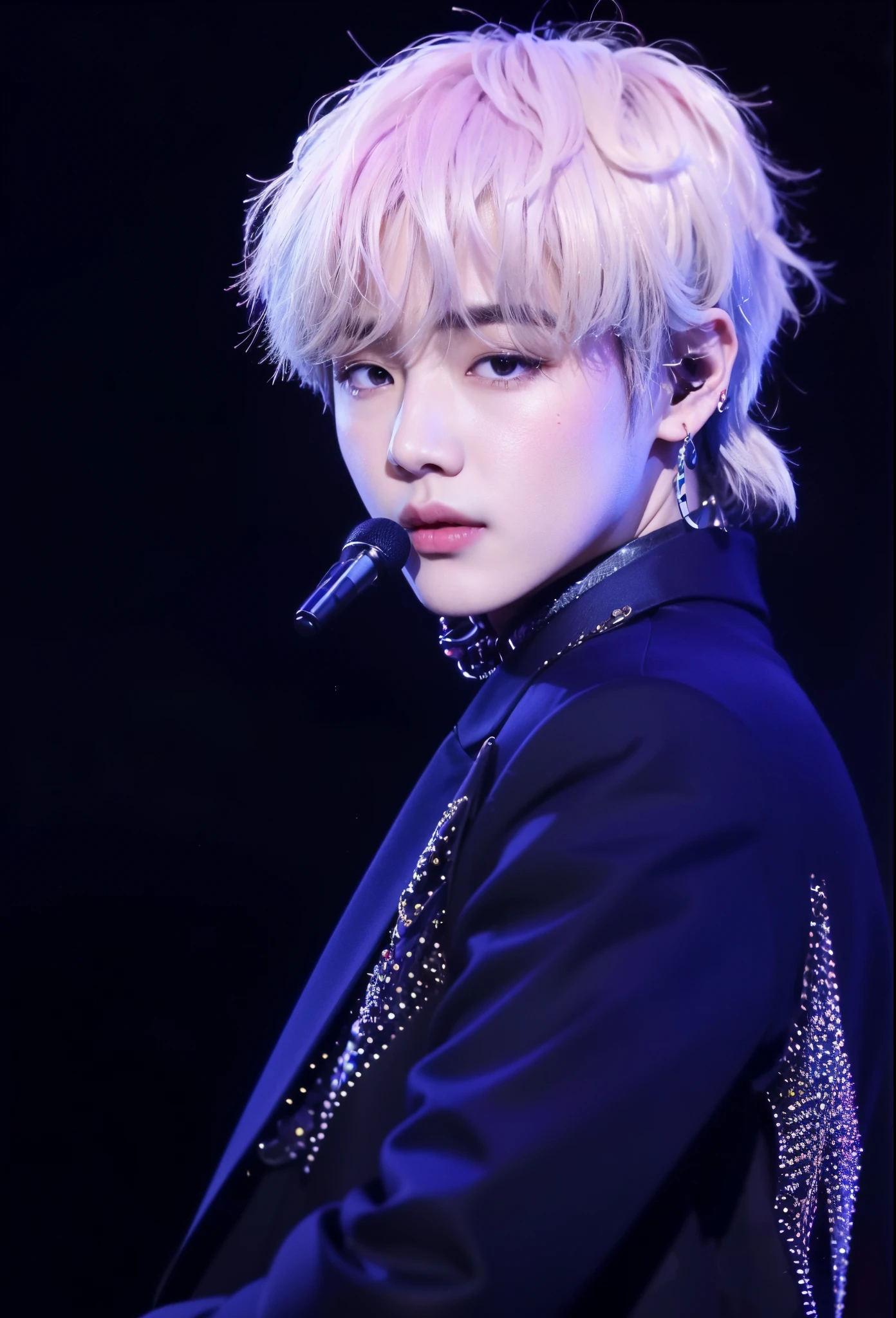 a close up of a person with a microphone in their hand, cai xukun, jimin\'s plump lips, hyung tae, black haired yoongi, jimin, jungkook, jimin\'s right eyelid swollen, park jimin, jinyoung shin, taehyung eating gucci fries, portrait of jossi of blackpink, jimin\'s grecian nose, portrait of kpop idol