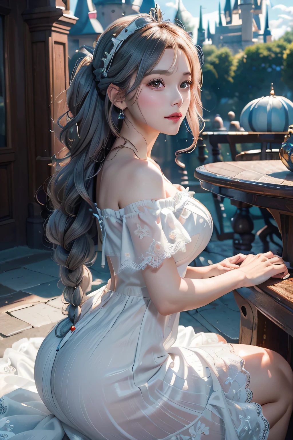(Grimm fairy tale world),(Aschenputtel,Cinderella,princess covered in ash:1.3),(Cinderella's Castle in the background:1.3),(((lace off shoulder white dress))),.(Make the subject look three-dimensional with the contrast of light and shadow),Cute and beautiful girl,Cute round face,Cute smile,with blush cheeks,Red Lip,(silver white hair,Floral braided headband,half up、Floral Braided Space Van,Voluminous Fishtail Braids,Twisted chignon,),(Bangs are see-through bangs),hair pin,hair adornments,detailed clothes features,Detailed hair features,detailed facial features,(Dynamic angles),(Dynamic and sexy poses),profetional lighting,Cinematic Light,(masutepiece,top-quality,Ultra-high resolution output image, depth of fields,) ,(The 8k quality,depth of fields,Anatomically accurate facial structure,),(Sea Art 2 Mode:1.3),(Image Mode Ultra HD,)