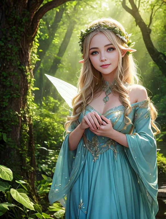 La mejor calidad, Ultra detallado, realista, elven fairy, joven, hermosa sonrisa, cabello sedoso y ondulado, rubio, Ojos y cara detallados, long eyeslashes, Ambiente encantador, magic forest, ethereal light, alas delicadas, postura elegante, nature inspired backdrop, colores vibrantes, Dream scene